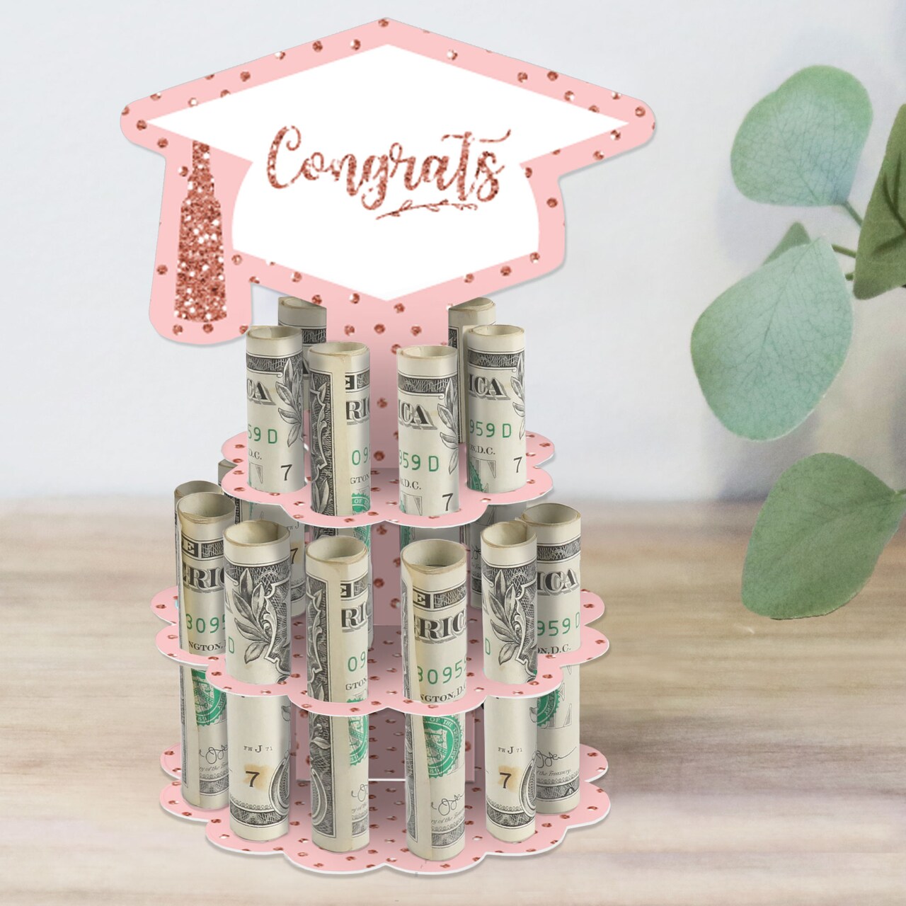 Big Dot of Happiness Rose Gold Grad - DIY Graduation Party Money Holder Gift - Cash Cake